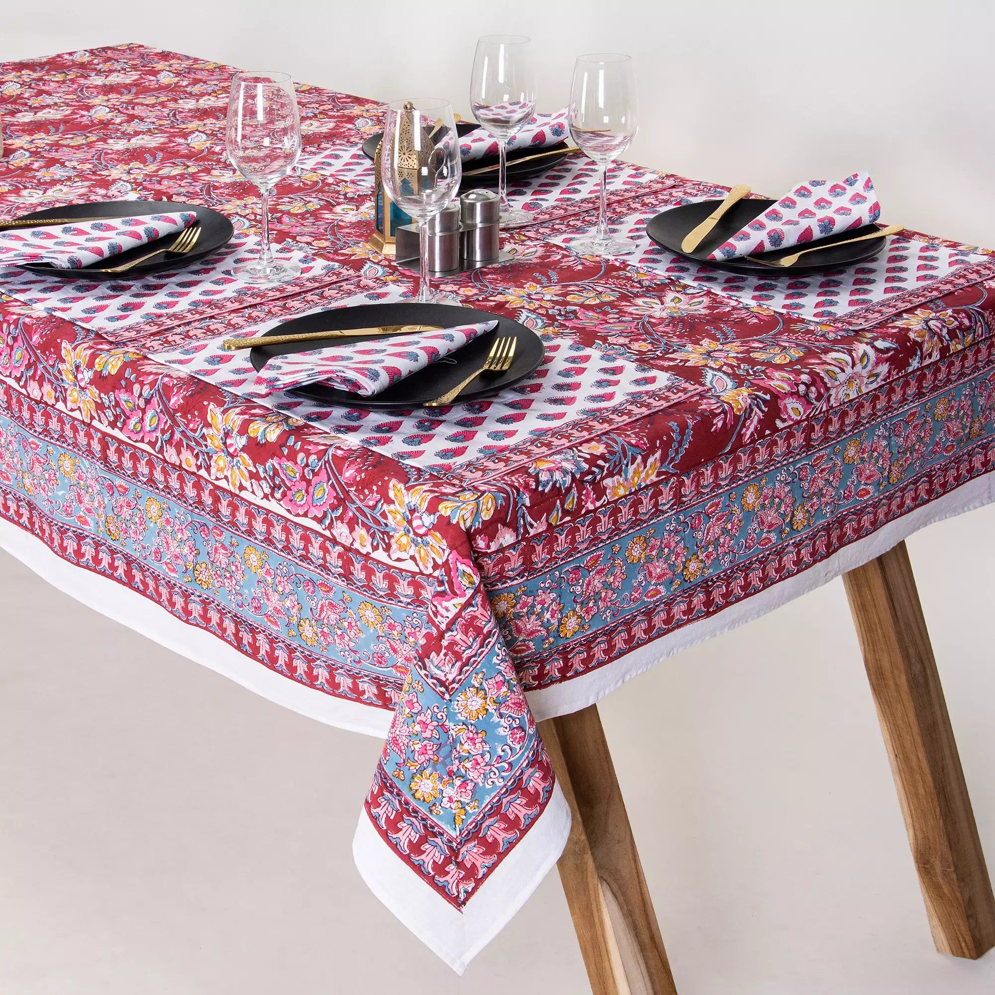 Red Floral Block Print Cotton Dining Table Cover 6 Seater